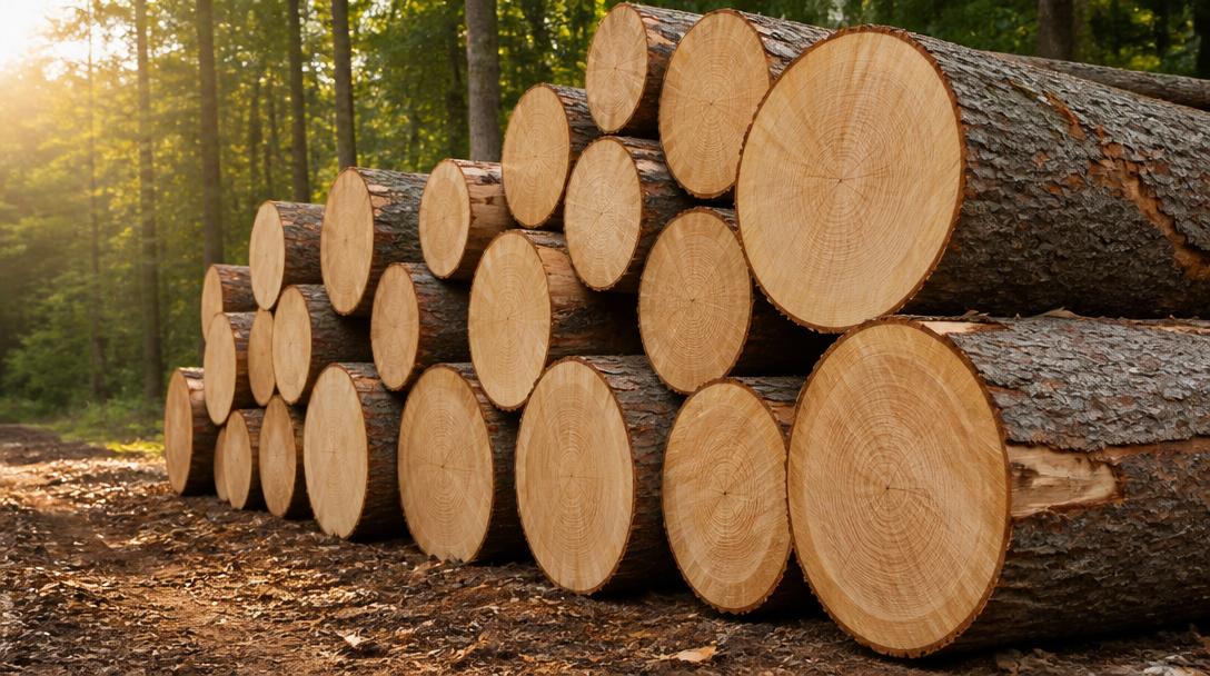 Neatly stacked freshly cut hardwood timber logs